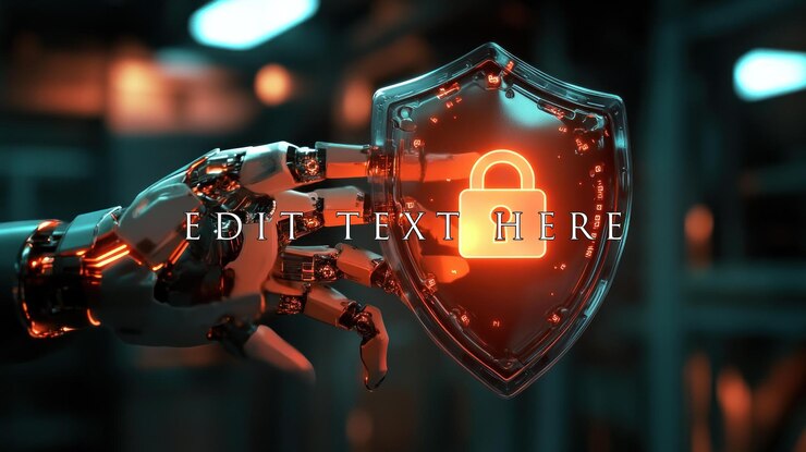 PSD robotic hand holding a glowing shield with a padlock representing cybersecurity and data protection