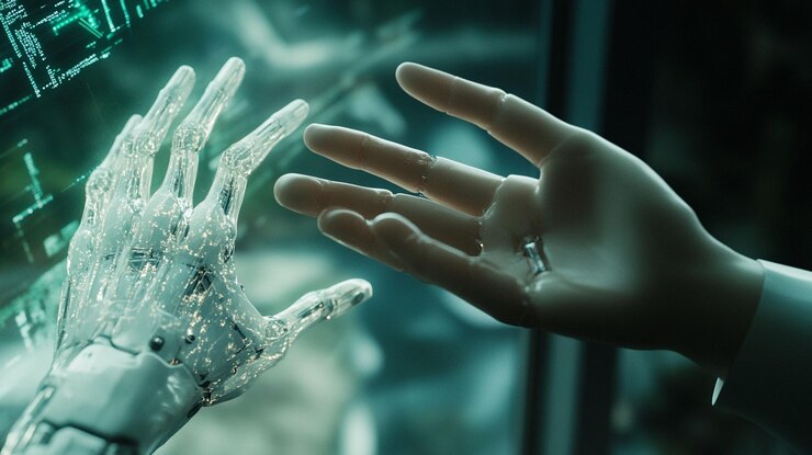 PSD robotic hand and human hand reaching towards each other through a digital interface