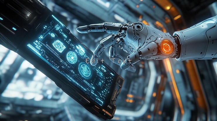 PSD robotic hand interacting with futuristic interface