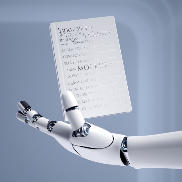 Robotic hand met paperback boek mock-up ontwerp