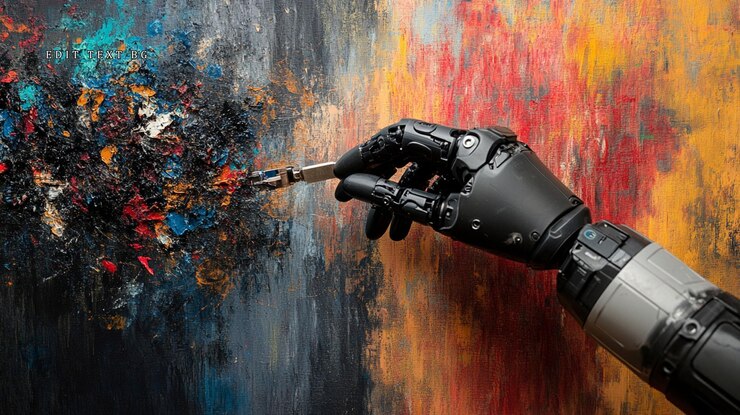 PSD robotic hand painting abstract art on canvas