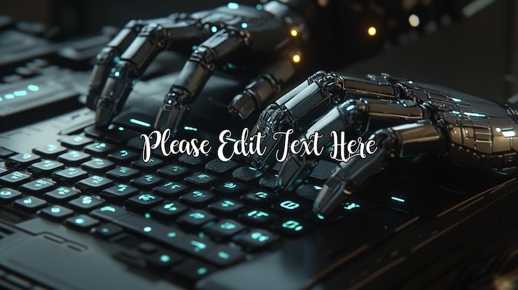 PSD robotic hands typing on a futuristic keyboard 1