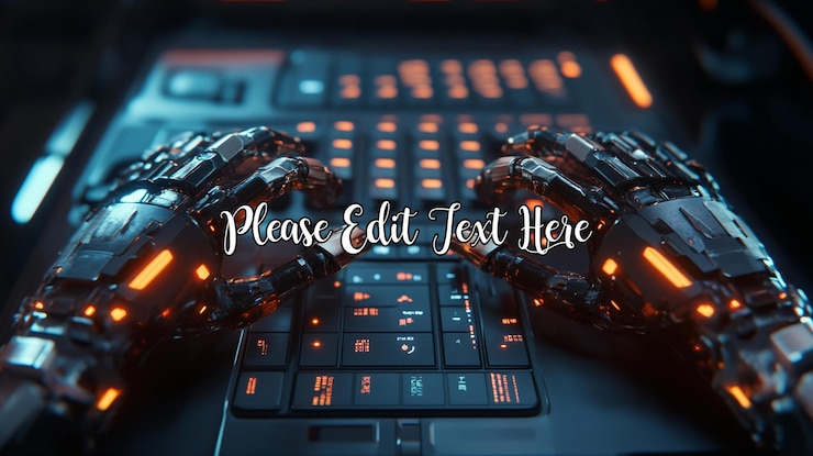 PSD robotic hands typing on a futuristic keyboard