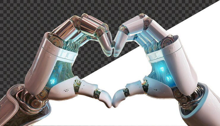 PSD robotic hands with detailed blue led accents forming a heart symbolizing technology and love
