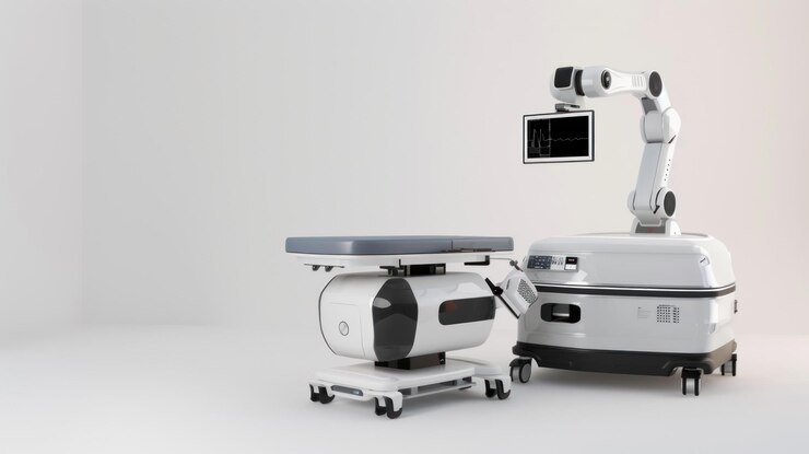 PSD robotic surgery system with examination table on white background