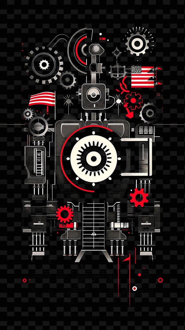 PSD robotics setting with a campaign robot and engineers for ele flat illustration poster design