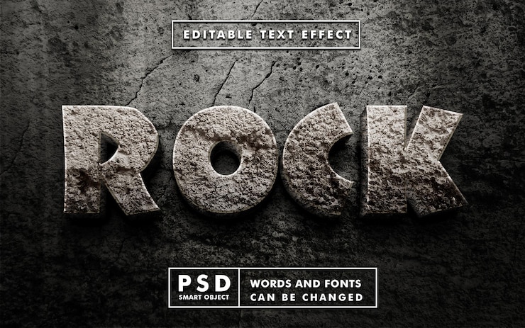 PSD rock 3d-teksteffect. bewerkbaar teksteffect premium psd met slim object