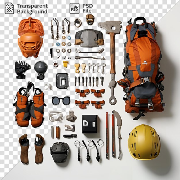 PSD rock climbing equipment set up on a white wall featuring a yellow helmet black glove and silver and black watch