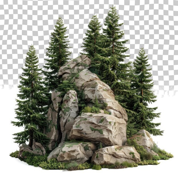 A rock formation with trees and a white background