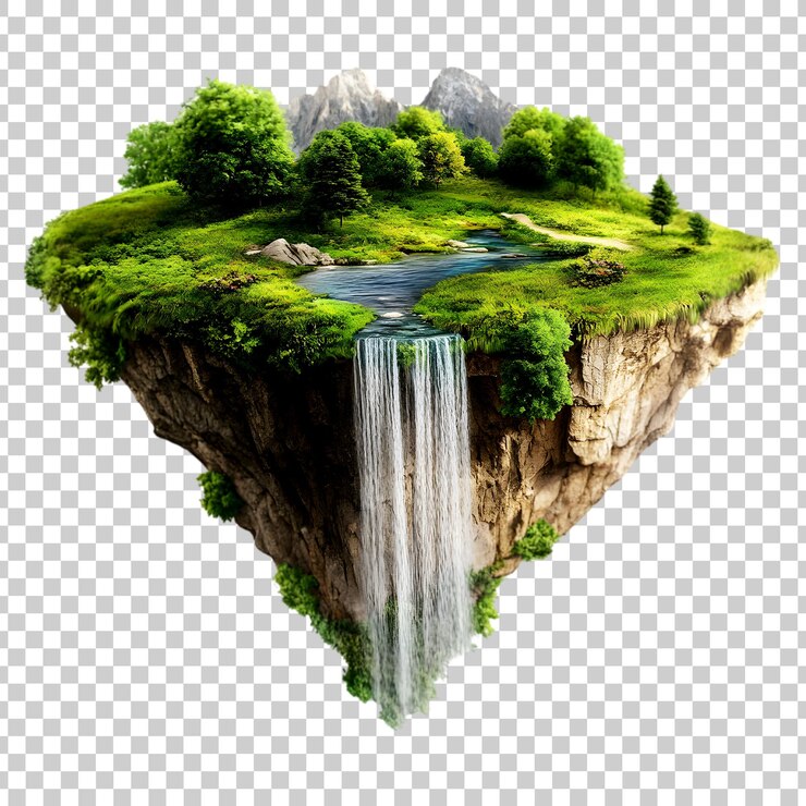 PSD a rock with grass on it with tree isolated on a transparent background
