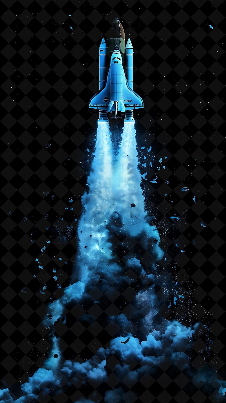 PSD rocket explosion with space shuttle fire and debris cool blu png neon effect on dark background