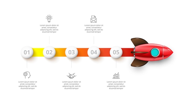 PSD rocket infographic with 5 options startup illustration