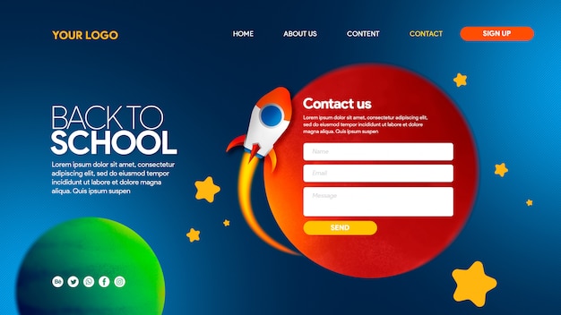 PSD rocket landing page back to school colorfull space with planets and stars