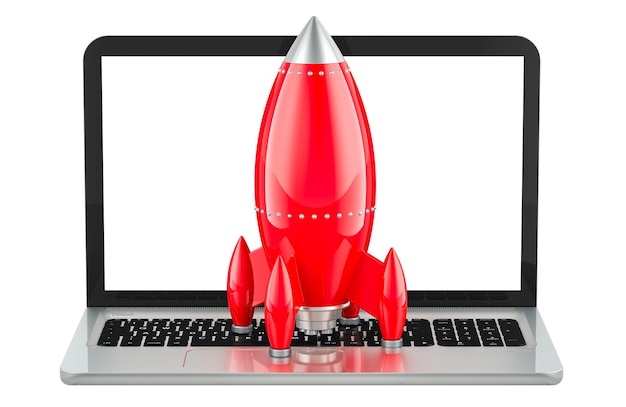 rocket on the laptop keyboard startup technology innovation and advancement concept 3d rendering