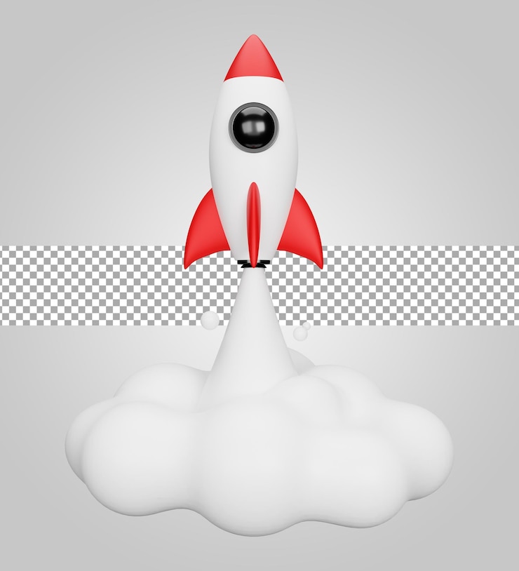 PSD rocket launch start up 3d rendering isolated on transparent background