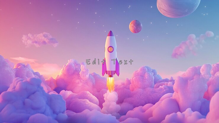 PSD rocket launching through pastel cloudscape towards planets