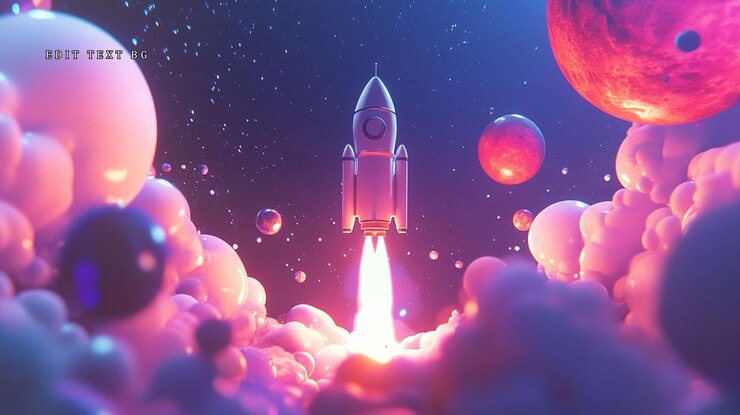PSD rocket launching through vibrant nebula surrounded by colorful planets and cosmic clouds