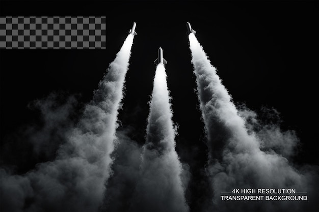 PSD rocket tracks and space rocket launch with smoke on a transparent background