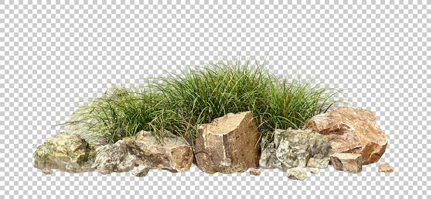 PSD 바위, 돌, 잔디 덤불, 초원, 은 배경 3d 렌더링 png