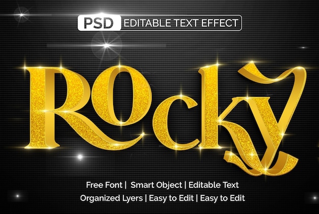 PSD Текстовый эффект rocky golden psd, полностью редактируемый шаблон