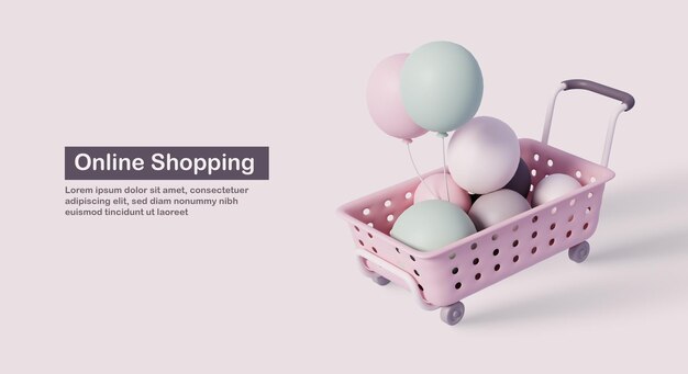 PSD rocznicowe zakupy online koncepcja ładny supermarket koszyk różowy kolor