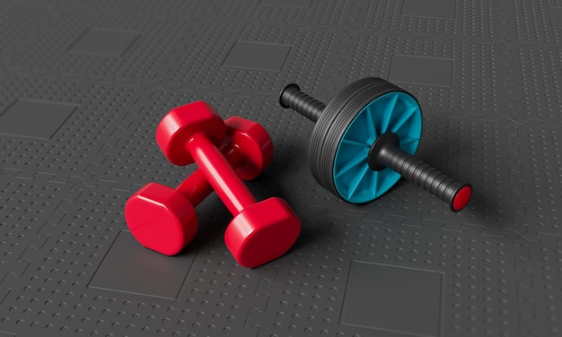 Rode dumbbells en AB Roller op een zwarte rubberen mat 3D Rendering