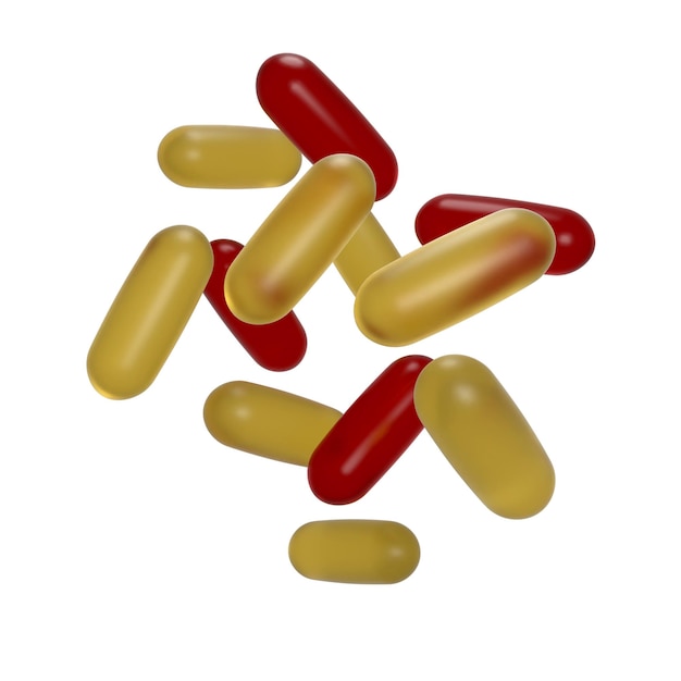 Rode en gele pillen zijn verspreid over een witte achtergrond.