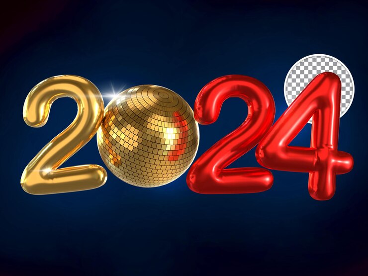 PSD rode en gouden discobal nieuwjaar 2024 ballontekst 3d render geïsoleerde achtergrond