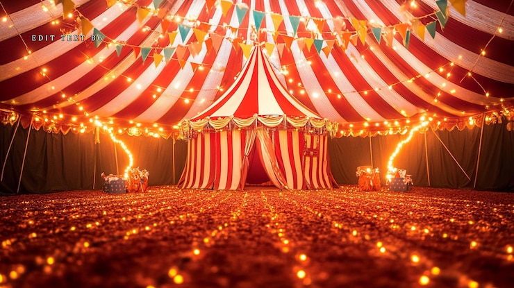 Rode en witte gestreepte circus tent interieur met lichten
