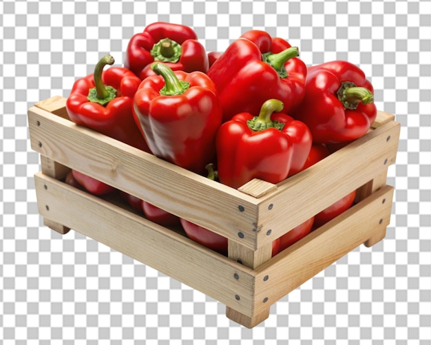 PSD rode paprika's in een houten doos op een doorzichtige achtergrond