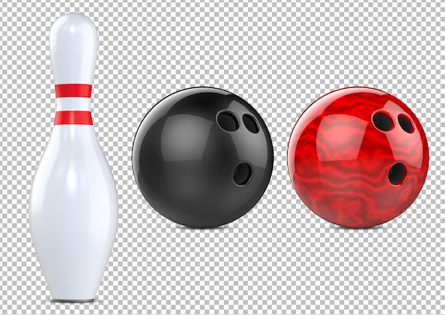 Rode, zwarte bowlingballen en bowlingpin kegel