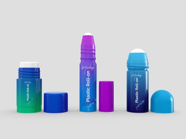 Roll on cosmetic plastic bottles mockup for product package