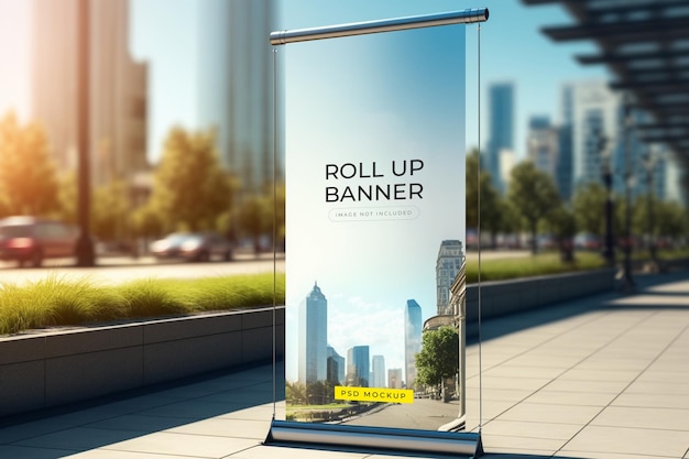 A roll up banner on a city street