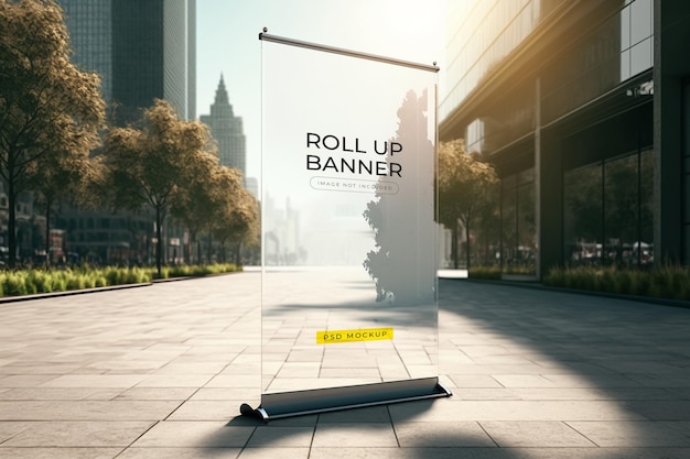 A roll up banner on a city street