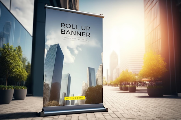 A roll up banner on a city street