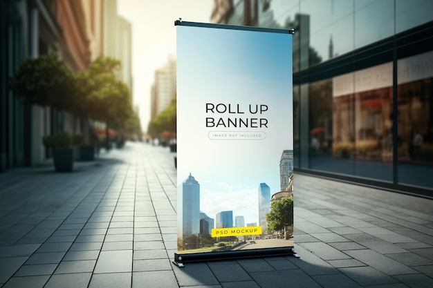 A roll up banner on a city street