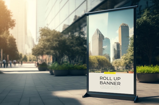 A roll up banner on a city street