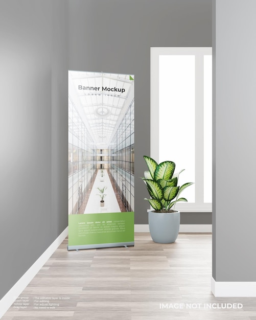 PSD roll up banner mockup with a plant in the room