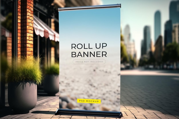 Roll-up banner op een bakstenen stoep met een gebouw op de achtergrond