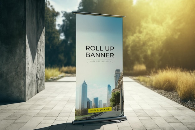 A roll up banner on a sidewalk