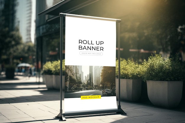 A roll up banner on a sidewalk