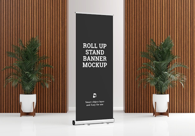 PSD roll up banner stand mockup 3d render