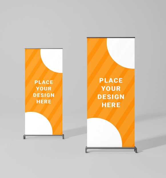 Roll-up Banners Mockup with Orange Stripes and White Circle Elements