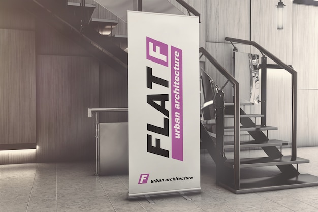 Roll-up standing banner in exhibition hall mockup