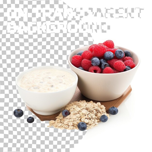 PSD rolled oats oat flakes in a bowl with milk raspberries and blueberries on wooden table isolated