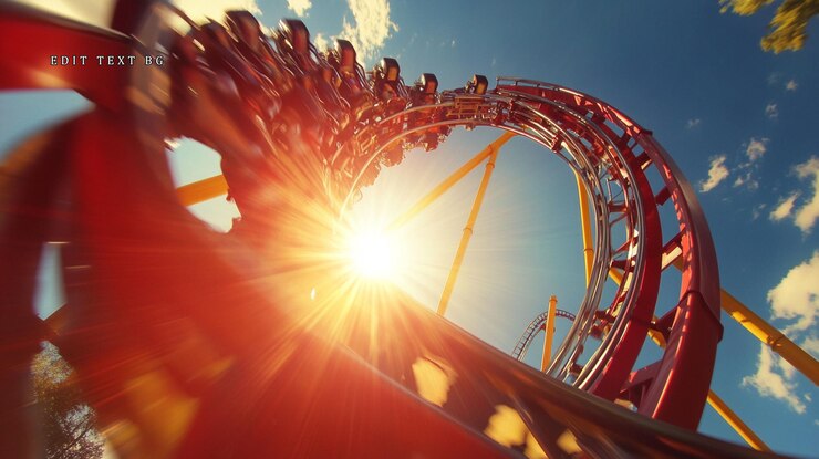PSD rollercoaster looping high in the sky with sun flare