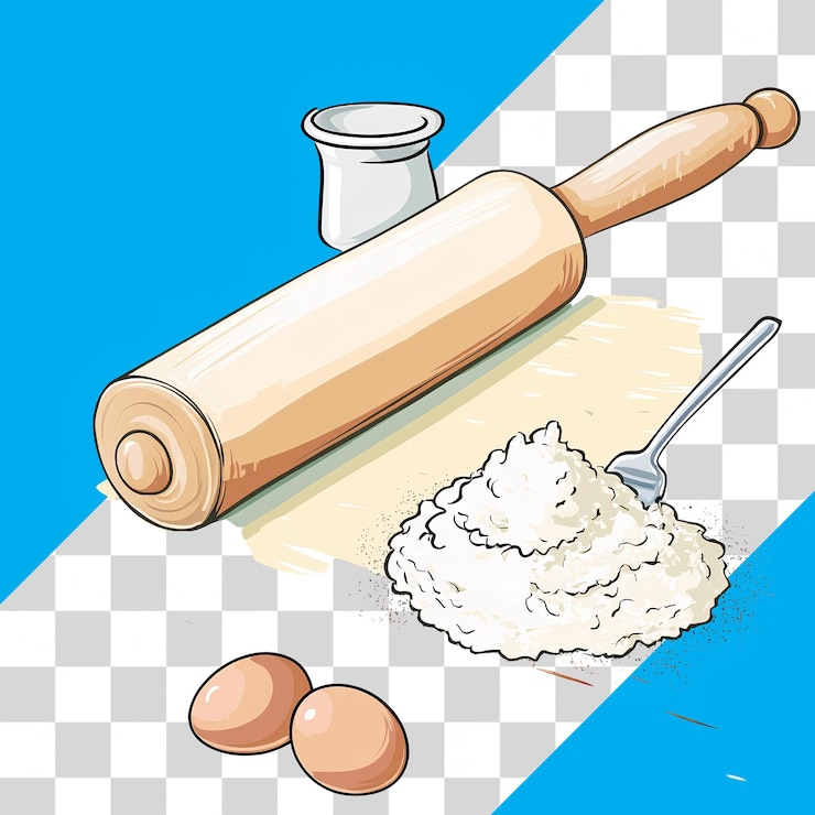 PSD rolling pin and flour on transparent background