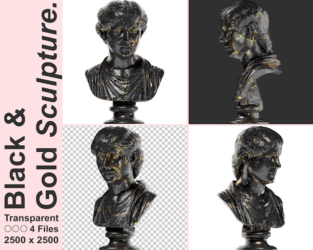 PSD roman lady ritratto digitale busto in marmo nero e asset grafico oro