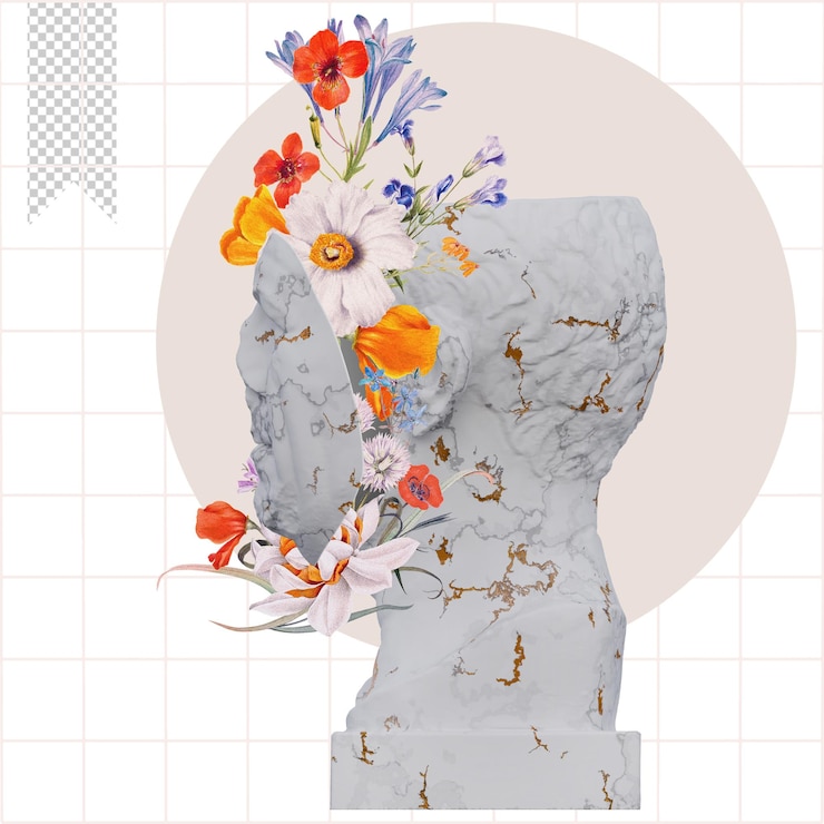 PSD roman tivoli statues 3d render collage with flower petals compositions for your work