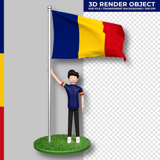 かわいい人々の漫画のキャラクターとルーマニアの旗。 3dレンダリング。